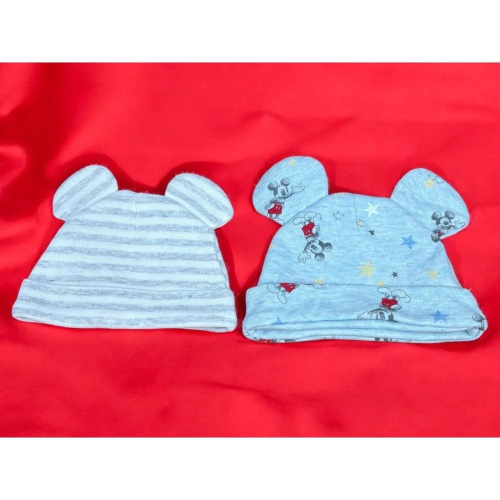 Disney Mickey Mouse Gray Newborn And 0-3 M Hat/Beanies With Ears Boys Lot Of 2